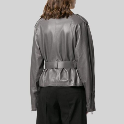 Belted Leather Jacket - Chic Back Pose
