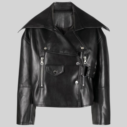 Black Biker Leather Jacket Full Front Image