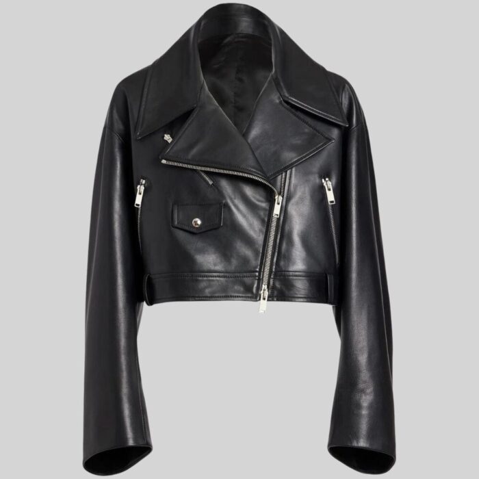 Black Leather Biker Jacket Front