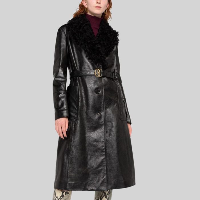 Black Leather Long Coat Front Pose