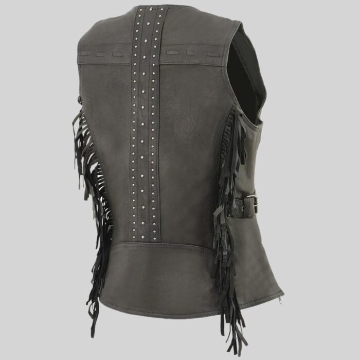 BLACK LEATHER WOMEN'S VEST SIDE BACK