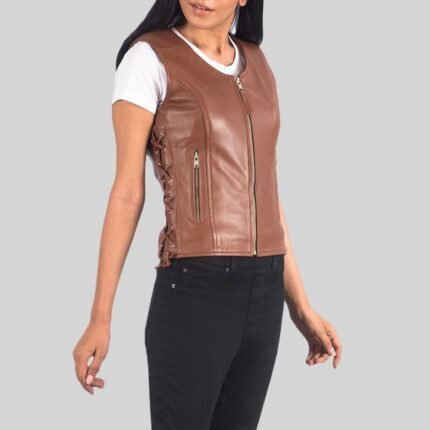 Brown Leather Biker Vest Right Side Pose