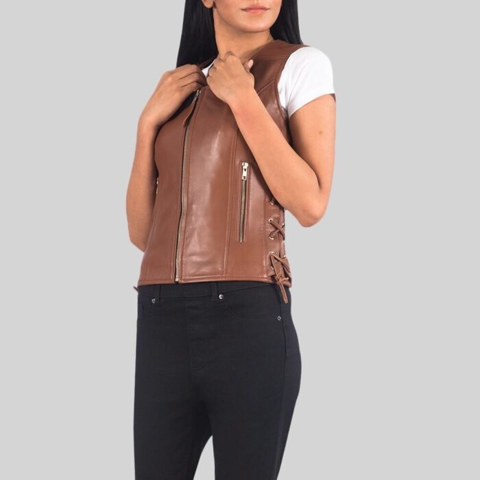 Brown Leather Biker Vest Front Pose