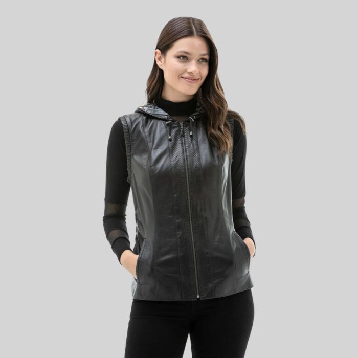 Chic's Black Fashionable Hooded Leather Vest