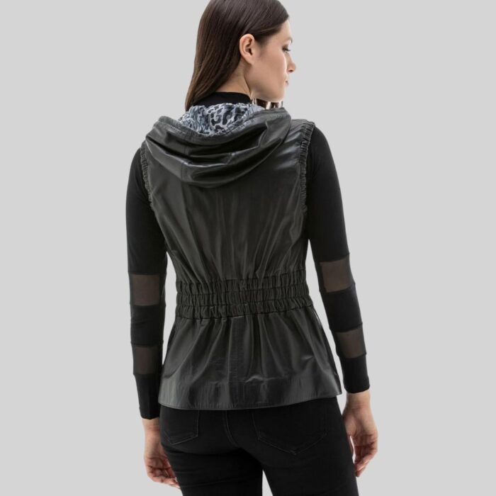 Chic's Black Fashionable Hooded Leather Vest back side pose