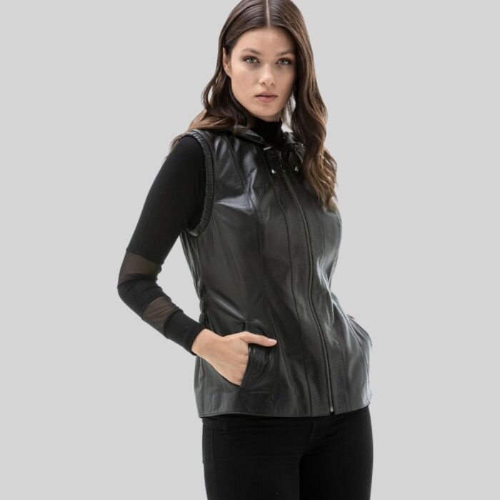 Chic's Black Fashionable Hooded Leather Vest Right side Pose