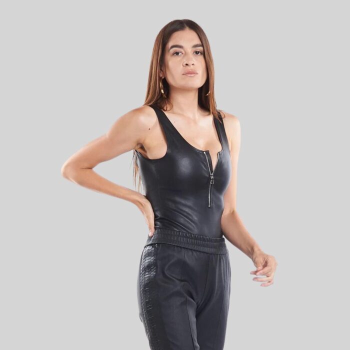 Classic Black Leather Bodysuit with an Edgy Twist