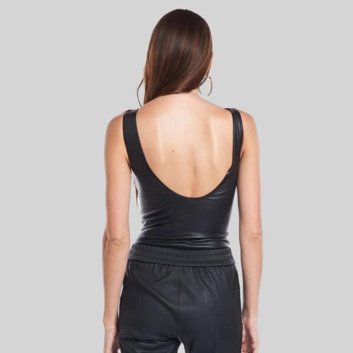 Classic Black Leather Bodysuit with an Edgy Twist Back Pose