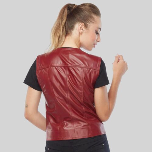 Classic Red Leather Vest for Women on Any Occasion Back Pose