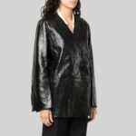 Crocodile Effect Leather Coat Right Side Front Pose