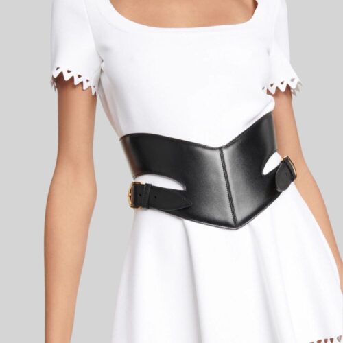 Cut-Out Belted Leather Corset Front Pose