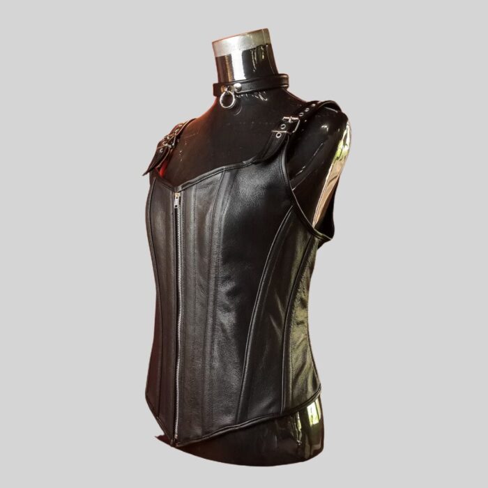 Female Black Leather full Length Corset Right Side Pose