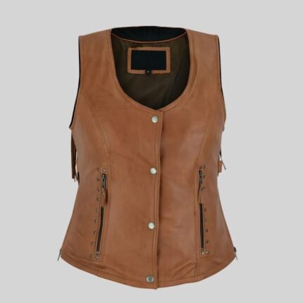 Ladies Brown Vest with Fringes and Rivets in Leather