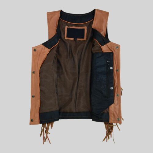 Ladies Brown Vest with Fringes and Rivets in Leather Inside