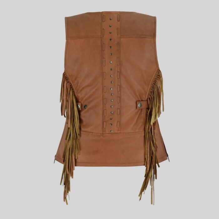 Ladies Brown Vest with Fringes and Rivets in Leather Back Pose