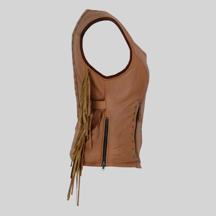 Ladies Brown Vest with Fringes and Rivets in Leather Right Side Pose