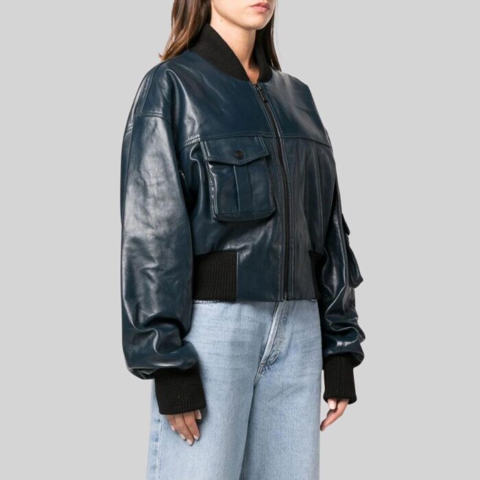 Leather Bomber Jacket in Blue Colour Right Side Pose