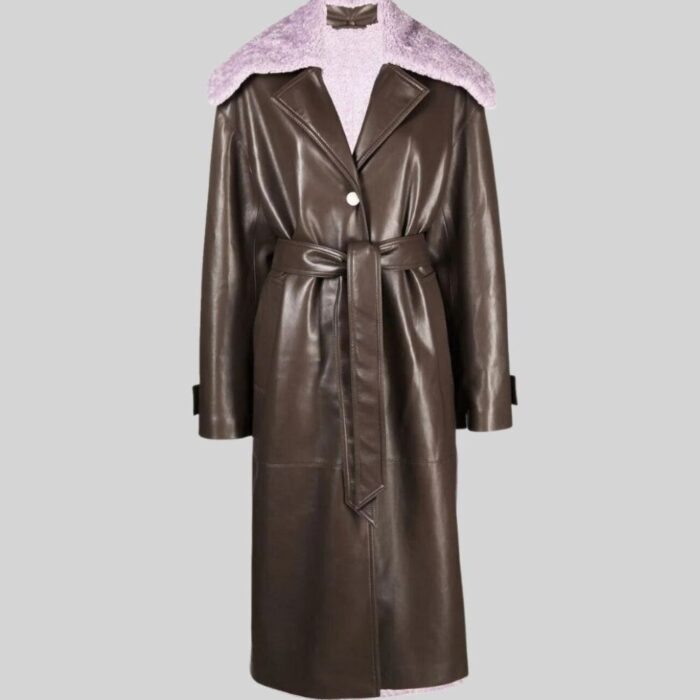 Long Belted Leather Coat Front Full Image