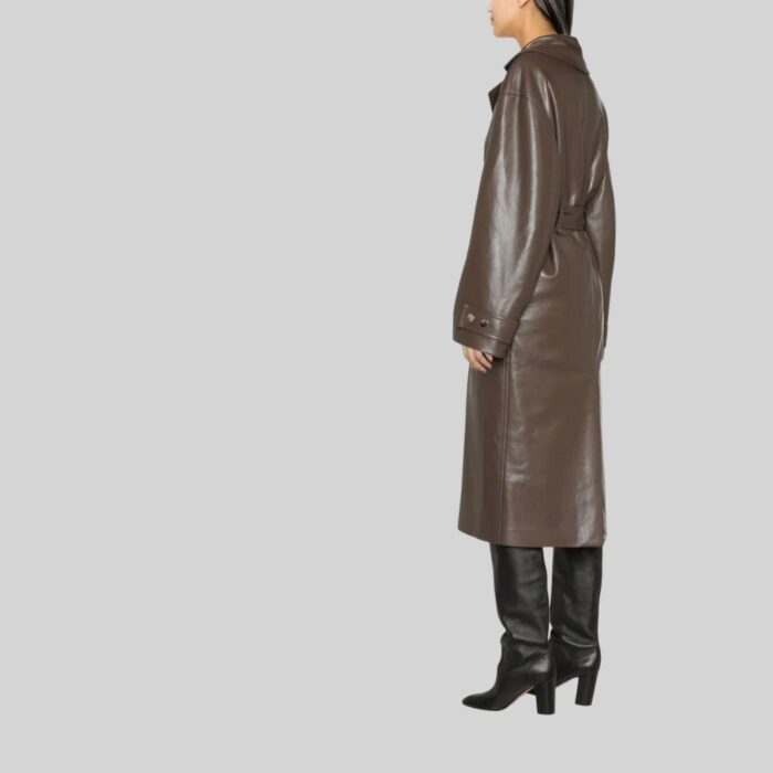 Long Belted Leather Coat Left Side Pose