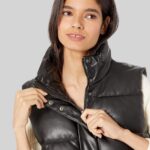 Long Lined Leather Puffer Vest Closed Image