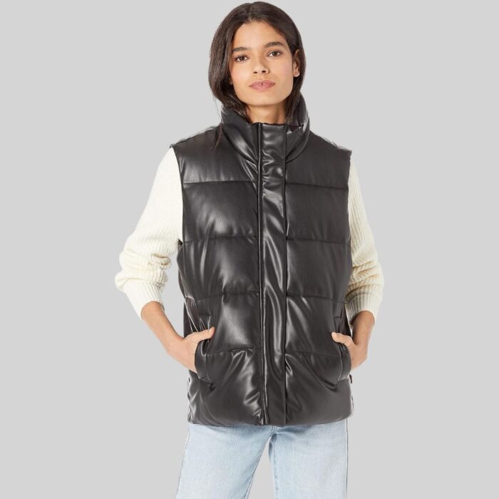 Long Lined Leather Puffer Vest Full Front Pose