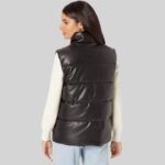 Long Lined Leather Puffer Vest Back Pose