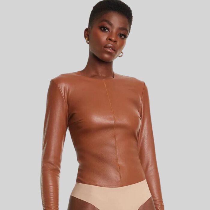 Longsleeve Bodysuit in Leather Front Pose