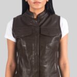 Moto Brown Leather Vest For Chic's Front Close Pose