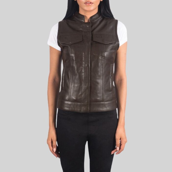 Moto Brown Leather Vest For Chic's Front Side Pose