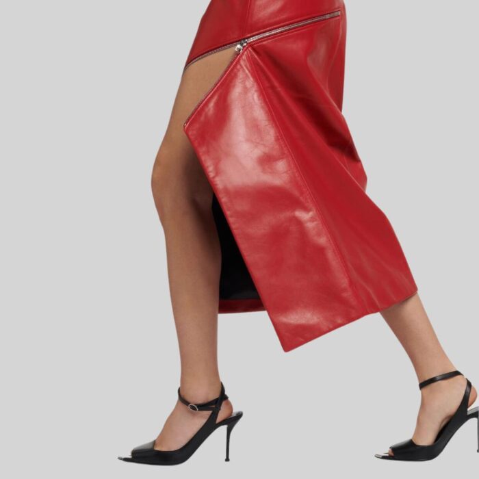 RED LEATHER MIDI SKIRT LEFT SIDE POSE