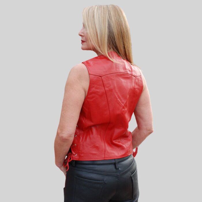 Red Leather Vest with Lace Back Pose