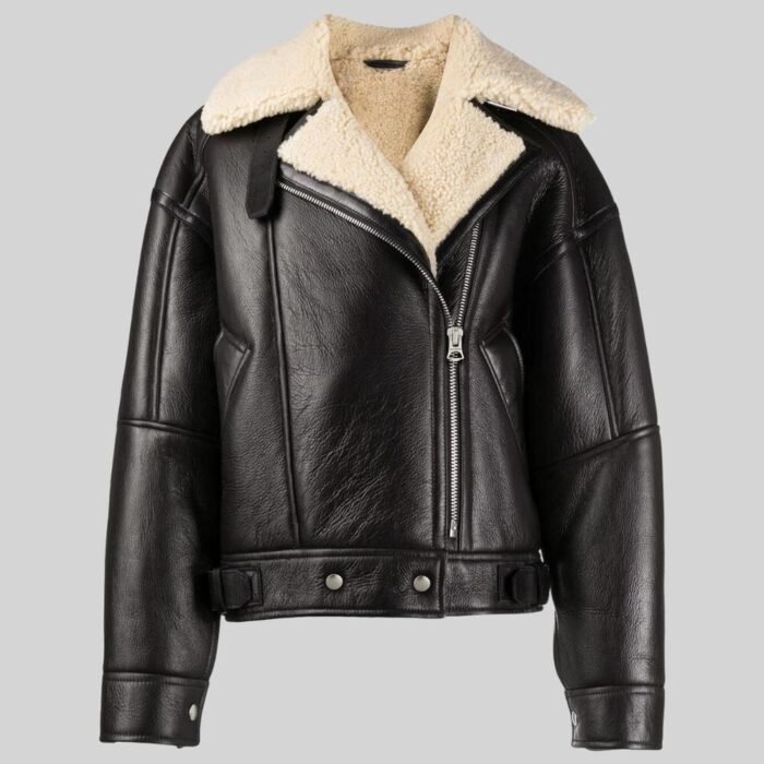 Shearling Leather Jacket in Black FRont Full Image