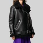 Shearling Leather Jacket With Belt Front Pose