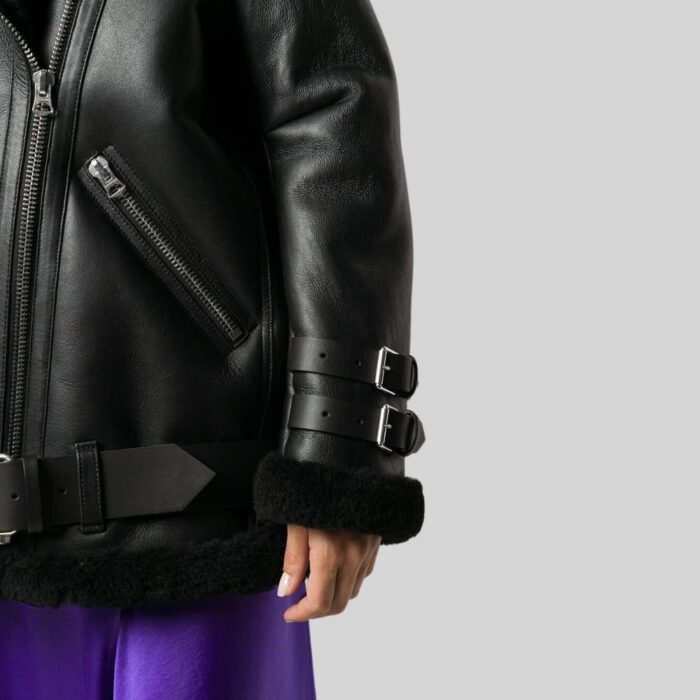 Shearling Leather Jacket With Belt Front Side Pose