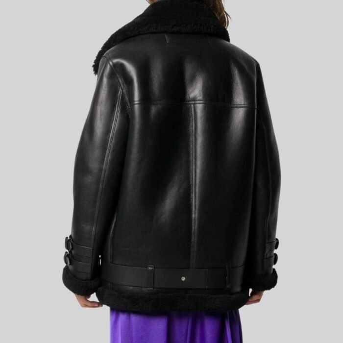 Shearling Leather Jacket With Belt Back Pose