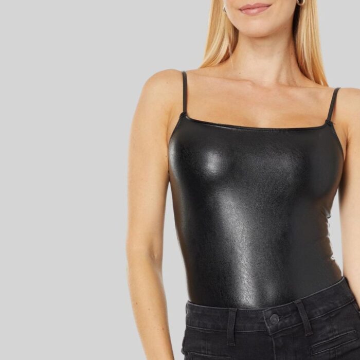 Strap Bodysuit in Black Leather Closed Front Side