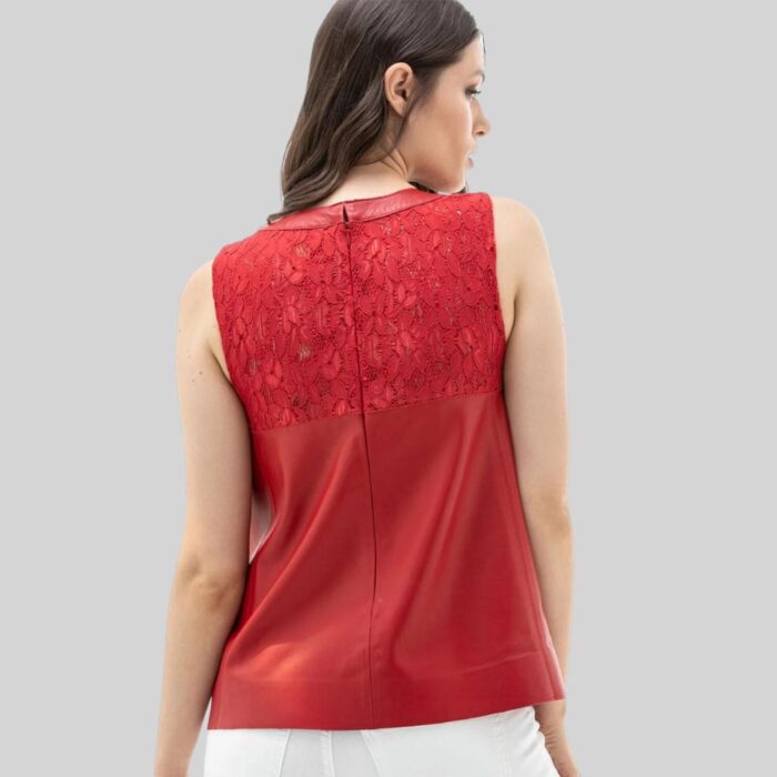 Womens Red Leather Tank Top Vest Back Pose
