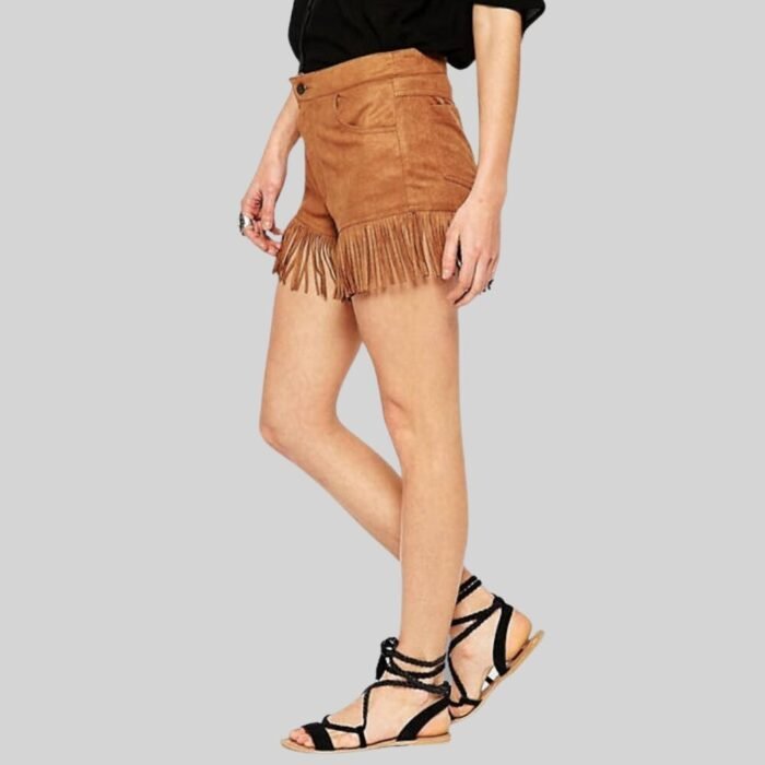 Leather Fringed Suede Shorts side pose