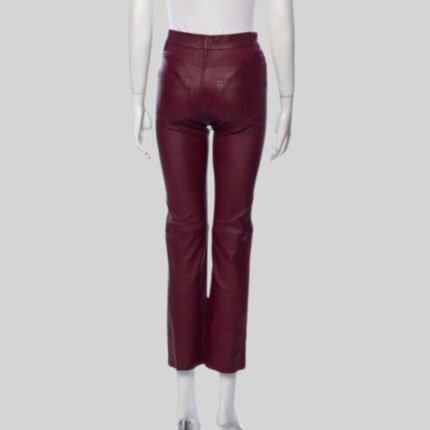 Explore women burgundy leather pants back view