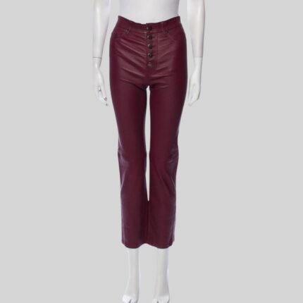 Explore women burgundy leather pants front view