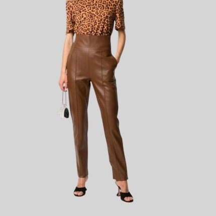 Stylish brown leather pants for women front pose