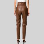 Stylish brown leather pants for women back view