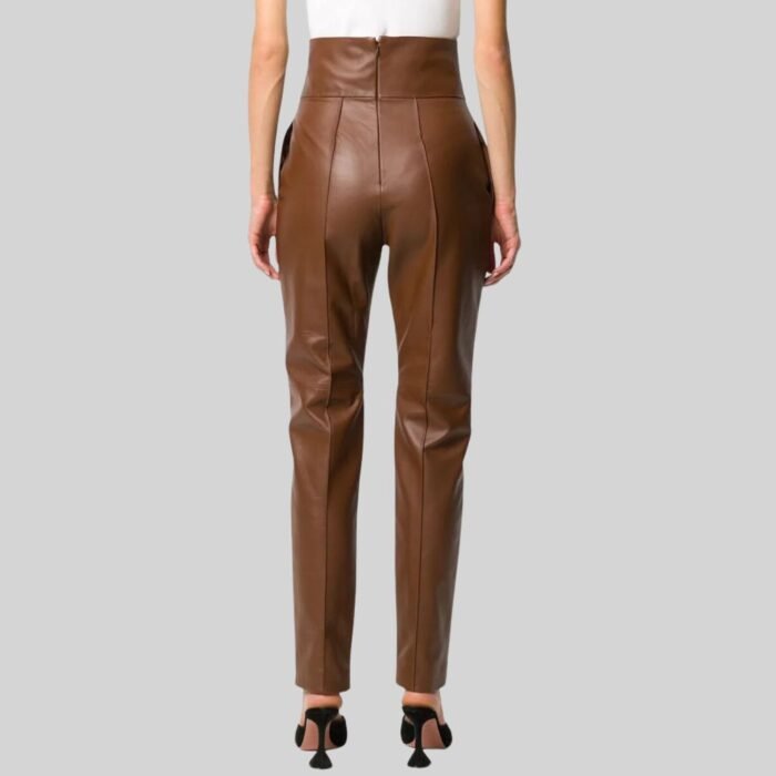 Stylish brown leather pants for women back view