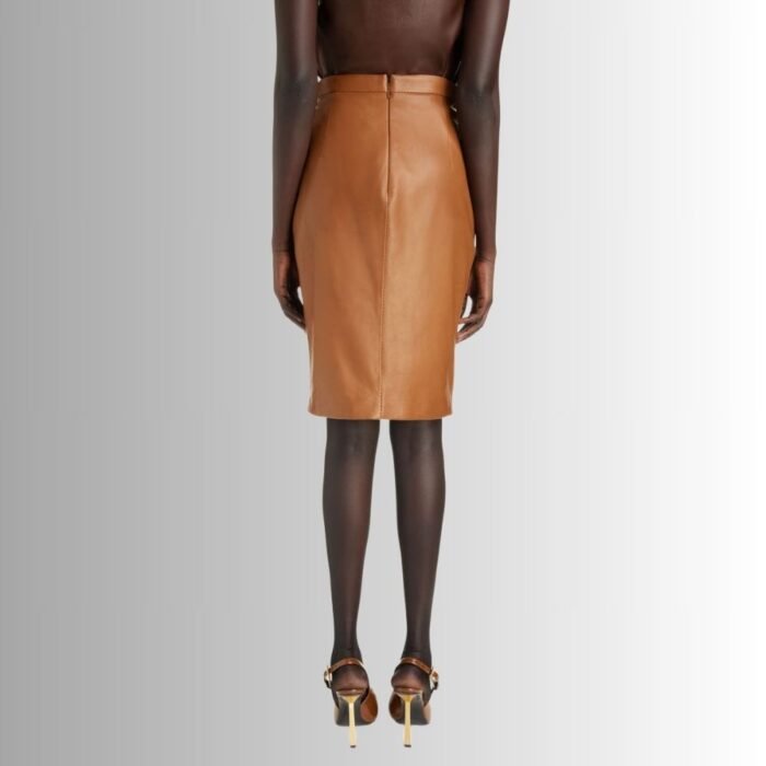 Back view of brown leather pencil skirt