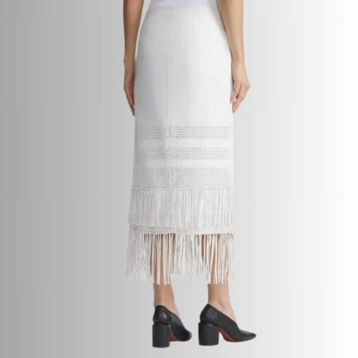 White Leather Fringe Skirt - Back View