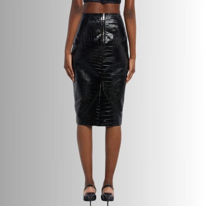 Back view of leather pencil midi skirt"