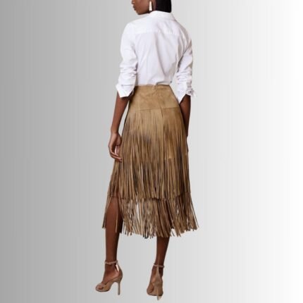 "Back view of suede fringe skirt"