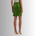 Back view of trendy green leather skirt
