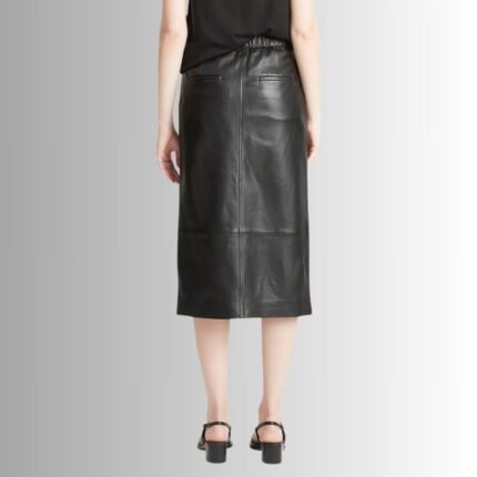 Back view of trendy leather A-line midi skirt