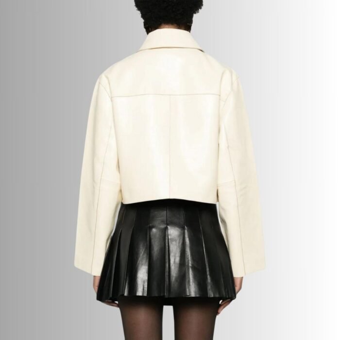 Back view-of white leather jacket for women